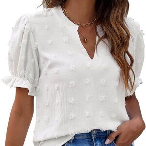 Women's Puff Sleeve Casual Tops Fashion White Polka Dot Blouses Dressy Ladies Su